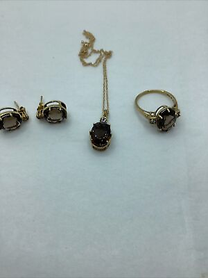 #ad Beautiful Brown Gemstone Necklace Earrings And Ring Set. 925. Ring size 10.75 $40.00