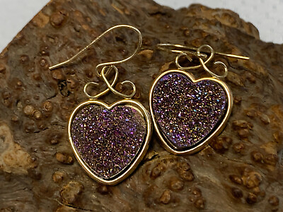 #ad 14K Yellow Gold Druzy Heart Earrings 2.86g Fine Jewelry JCM Purple Hook Back $219.95