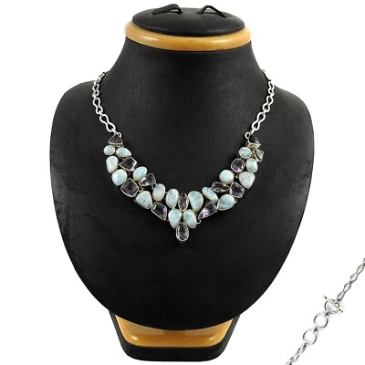 Woman Gift Natural Larimar Amethyst Gemstone Statement Necklace 925 Silver J31 $211.70