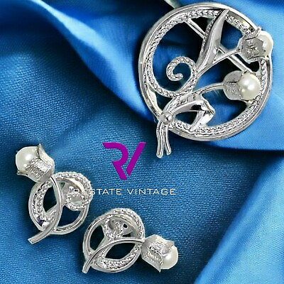 #ad Mint Vintage Star Art Sterling Rhodium Plated Pearl Flower Earrings Brooch Set $25.00