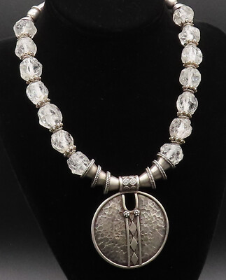 #ad 925 Silver Vintage Heavy Hammered Circle Beaded Clear Quartz Necklace NE3916 $444.15