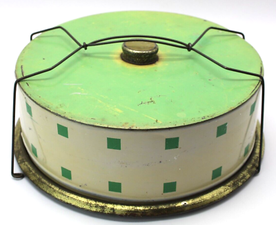 #ad Vintage Cake Carrier Wire Handle Green Round Mid Century Modern Decor $24.99