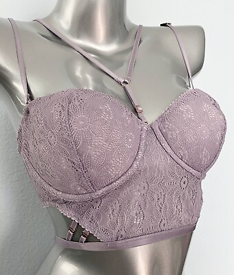 #ad Victorias Secret Purple Lace Very Sexy Long Lightly Lined Balconette Strappy Bra $13.99