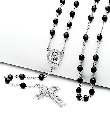 #ad Men#x27;s Silver Black 6mm Bead Guadalupe Jesus Cross 28quot; Rosary Necklace HR 600 SBK $7.99