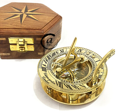 #ad Sundial Clock Brass Compass Wood Box Gift Antique Decor Nautical Compass Sailor $30.34
