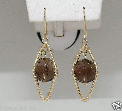 #ad 2quot; Caged Smoky Topaz Textured Dangle Drop Earrings Real 14K Yellow Gold $348.00