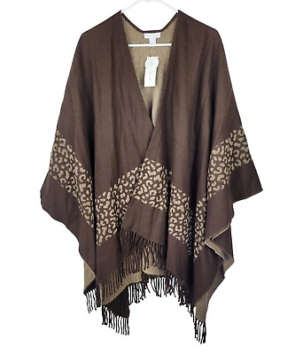 #ad Charter Club Womens Poncho Cape One Size Brown Beige Open Fringe Made in Italy $41.99