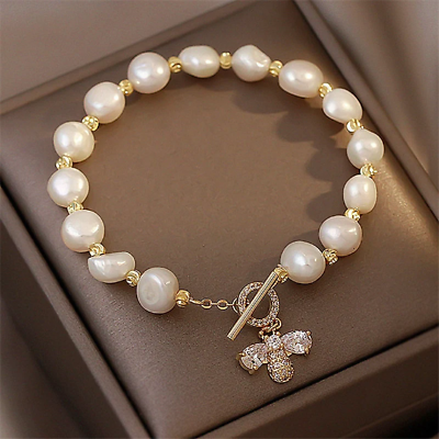 #ad Natural Pearl Bangle Women#x27;s Elegant Gold Plated Lovely Bee Bracelet $10.99