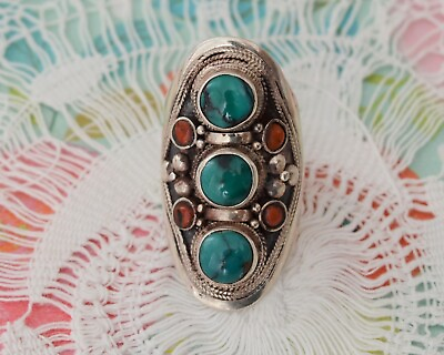 #ad Unmarked Navajo Sterling Silver Ring Set with Coral and Turquoise Size 5 3 4 $125.00