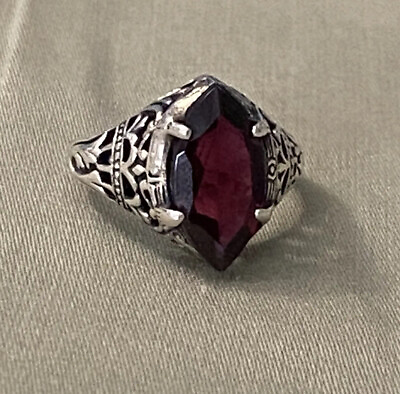 #ad VINTAGE STYLE OXIDIZED STERLING MARQUISE GARNET RING Size 4.75 $25.99