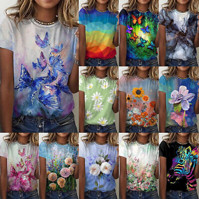 #ad Women Round Neck Short Sleeve Print T Shirt Ladies Summer Casual Blouse Tops Tee $11.03