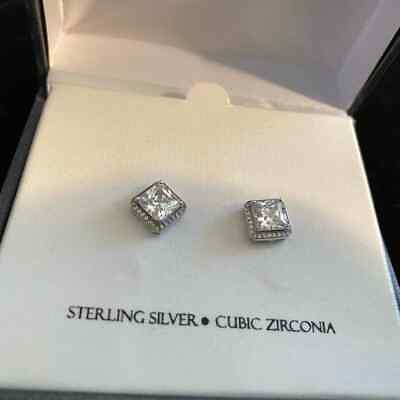 #ad Sterling Silver Princess Cut Earrings Cubic Zirconia 1 4quot; $29.99