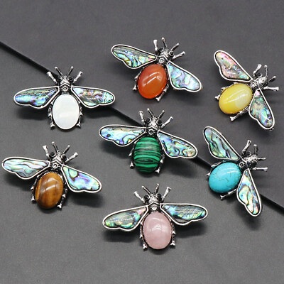 #ad Tibetan Silver Crystal Quartz Abalone Shell Bee Breastpin Carved Pendant Brooch $4.99