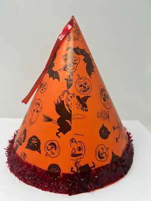 #ad Vintage Halloween Party Hat Witch Bat Cat Card Stock w Fringe 1950s Japan $24.99