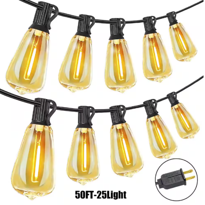 #ad 50ft 25 Light Outdoor Plug In LED E12 with Shatterproof Waterproof 2700K White $21.60