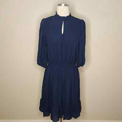 #ad Nanette Lepore Dress Size 6 Keyhole Smocked Blue 3 4 Sleeves Ruffle Hem $15.29