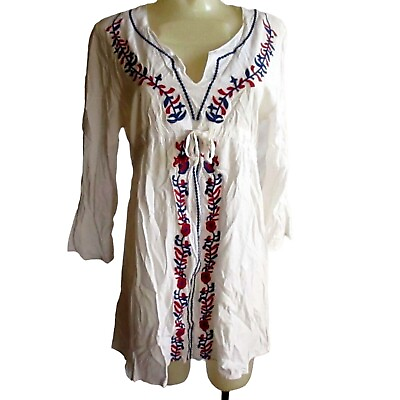 #ad Vintage Womens Peasant Dress S M 70s RAYON EMBROIDERED BELTED HIPPY BOHO Top $36.45