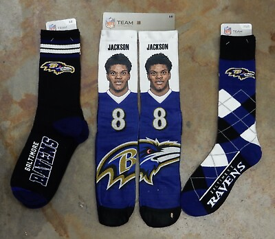 3 Pack NFL Baltimore Ravens Lamar Jackson Gift Set Men Socks Argyle Deuce Large $25.79