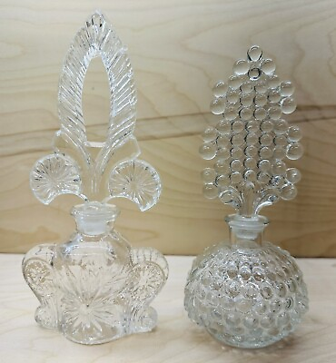 #ad Vtg Glass Perfume Bottles Lot of 2 Clear w Stoppers Hobnail $39.95
