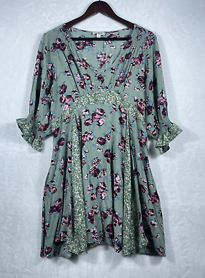 #ad UMGEE Bohemian Boho Floral Dress Size Large Rayon Poly Blend Sage Green Flirty $29.99