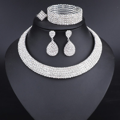 #ad Crystal Bridal Jewelry Sets Silver Plated Rhinestone Necklace Earrings Bracelet $12.99