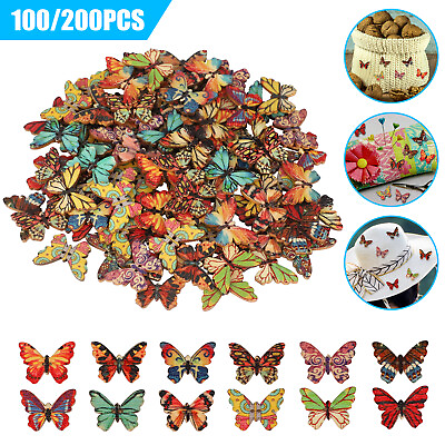 #ad 200 PCS Mixed Handmade 2 Hole Butterfly Wooden Buttons Sewing DIY Craft Making $9.98