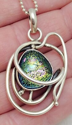 #ad 20quot; 925 Sterling Silver Giant Wirework Art Glass Pendant Necklace 19g Heavy $39.99