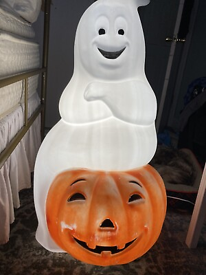 #ad Empire Ghost Sitting on Pumpkin Halloween Blow Mold 35quot; Tall $85.00