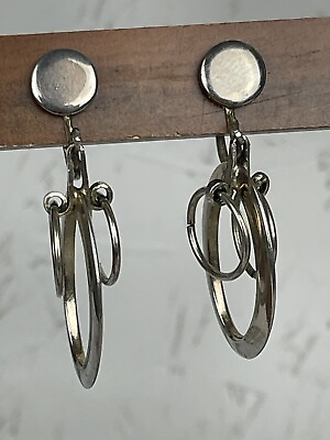 #ad Vintage Screwback Silver Tone Dangle Hoop Earrings $13.50