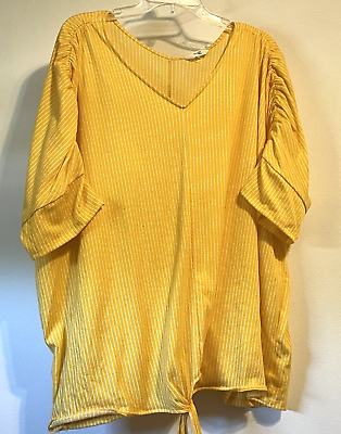 #ad Womens Plus 2X 20W 22W Shirt Top Sunny Yellow amp; White Stripe V neck Tie Bottom $13.88