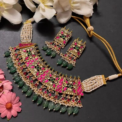 Gold Plated Bollywood Style Indian Pachi Kundan Polki Choker Ruby Necklace Set $349.99