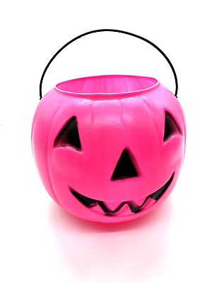 #ad HALLOWEEN HOT Pink Blow Mold Vintage Pumpkin Trick Treat Candy Bucket Pail USA $10.00