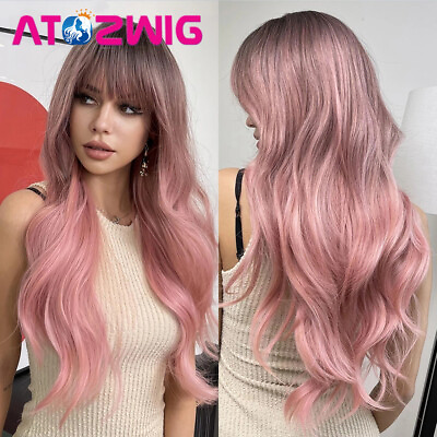 #ad Women Sexy Long Body Wave Ombre Pink Wig with Bangs Dark Root Synthetic Pink Wig $15.80
