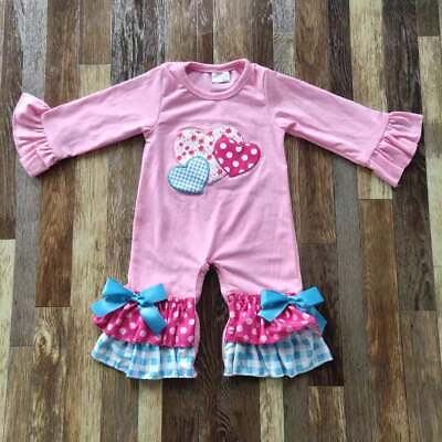 #ad NEW Boutique Baby Girls Heart Ruffle Romper Jumpsuit Valentine#x27;s Day $13.59