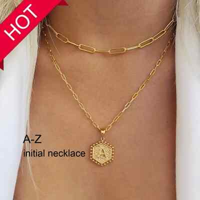 #ad Delicate Layered Initial Necklace Paperclip Chain Necklace Hexagon Alphabet Gift $9.98