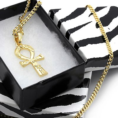 #ad Men#x27;s 14k Gold Plated All Gold Engrave Ankh Pendant Hip Hop 30quot; Cuban Chain $12.99