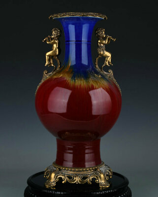 18.4quot;Qianlong Marked Old China Copper Inlay Jun Kiln Porcelain angel Bottle Vase $990.00