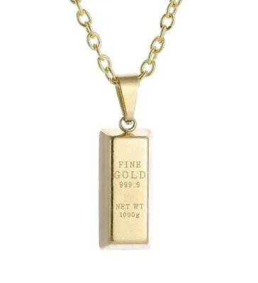#ad Stainless Steel Golden Bullion Bar Pendant Necklace 18 20” $8.00