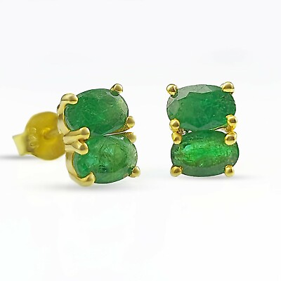 #ad 925 sterling silver Natural Emerald Stud Earrings Green Ear Plugs Women $182.00