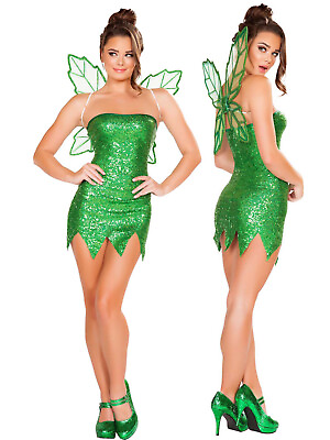 #ad Womens Green Fairy Halloween Costume 2Pc Roleplay Cosplay Dress and Wings S M L $56.95