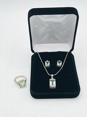 #ad Sterling Silver Ring Earring Necklace Set Emerald Cut Gemstone .925 $58.80