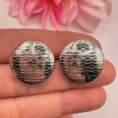 #ad Vintage Textured Round Button Earrings Silver Tone Chic Wearable Classic $7.90