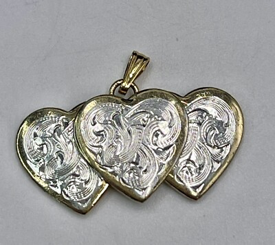 #ad Pendant Two Tone Silver Gold Tone Triple Heart Love Floral $8.99