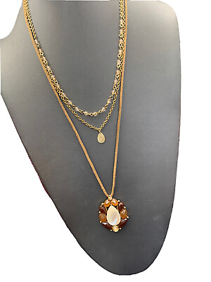 #ad Vintage Boho Leather Gold Layered 3 Strand MOP Pendant Necklace 24” $23.00