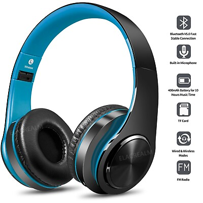 #ad Blue Wireless Bluetooth Foldable Headphones Over Ear Hi Fi Stereo Headset PC TV $19.98