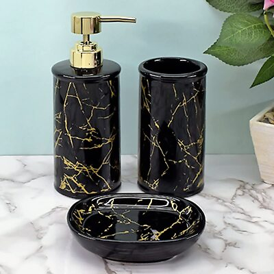 Ceramic Bathroom Accessories Set of 4 Bath Sets for Home Black amp; Golden $131.13