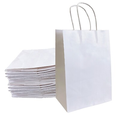 #ad 100 White Kraft Paper Gift Bags with Handles Packaging Retail Merchandise Bag $26.99