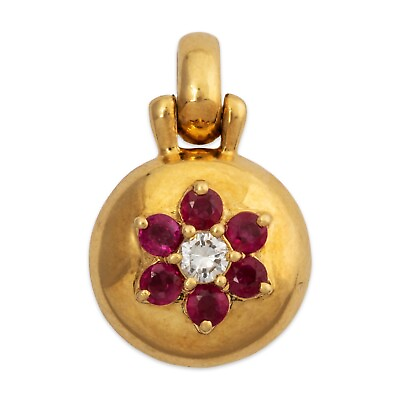 #ad VINTAGE 18K* YELLOW GOLD RUBY DIAMOND PUFFY FLORAL PENDANT $854.50