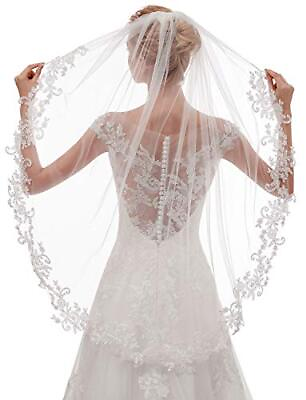 #ad Womens Short Fingertip Length 1 Tier Lace White Wedding Bridal Veil With Meta... $35.46