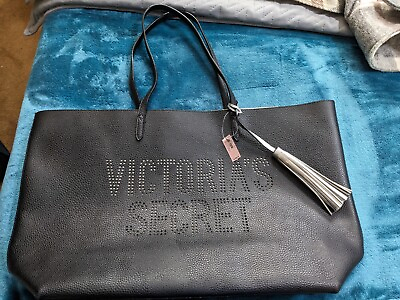 #ad Victoria#x27;s Secret Holiday Faux Leather Black Tote Bag Silver Tassel NWT MSRP $58 $20.00